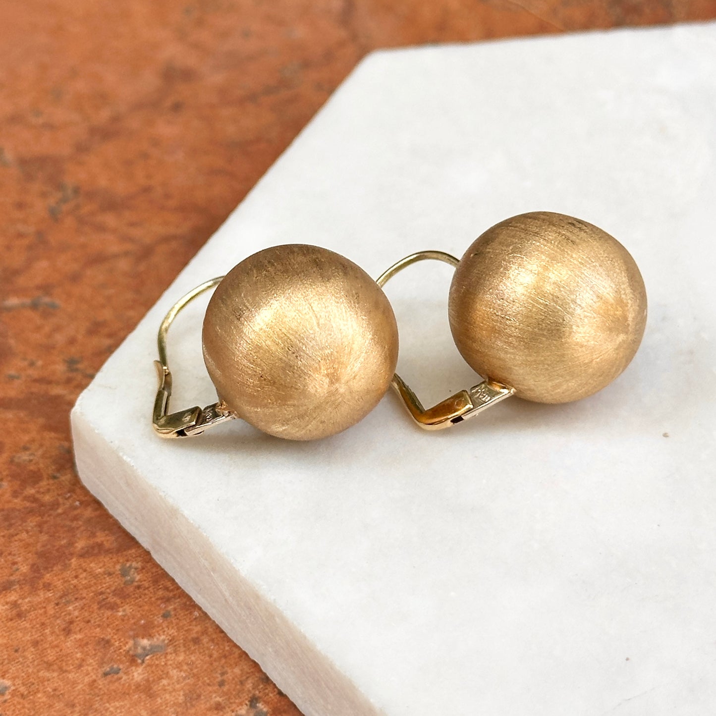 Estate 14KT Yellow Gold Matte 18mm Ball Lever Back Earrings