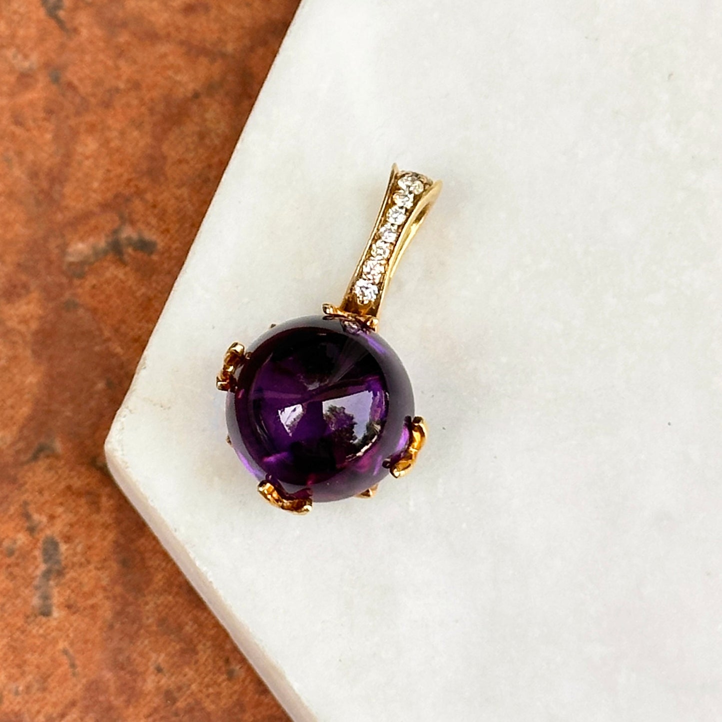 Estate 18KT Yellow Gold Cabochon Amethyst + Diamond Pendant Slide