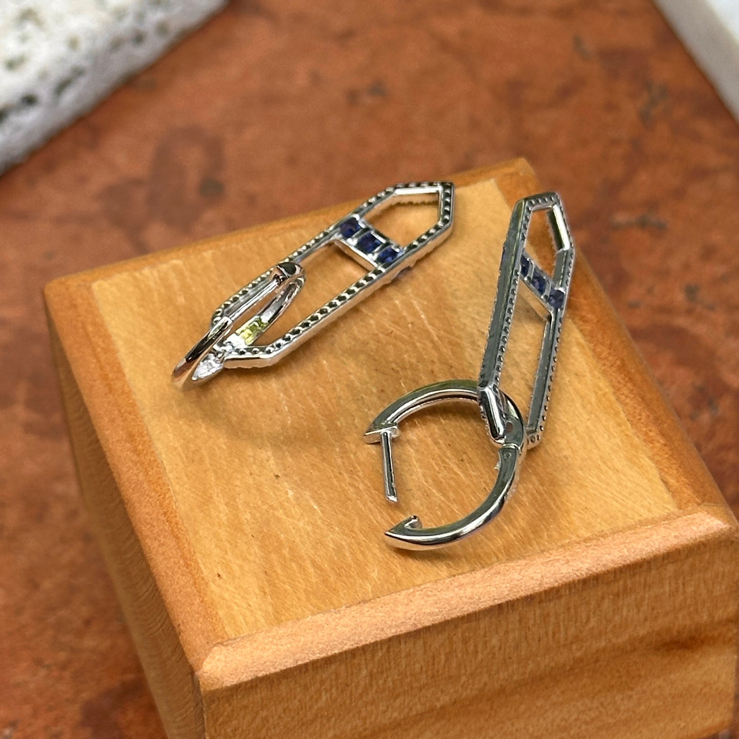 Sterling Silver  Lab-Created Blue Sapphire + White Sapphire Huggie Drop Earrings