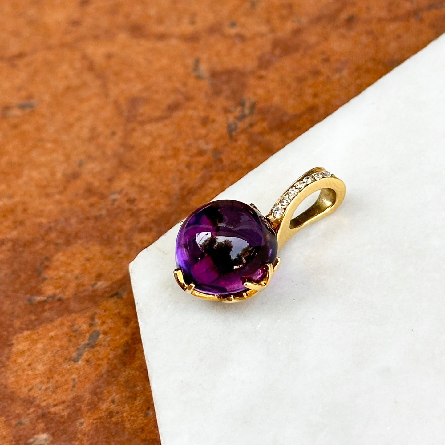 Estate 18KT Yellow Gold Cabochon Amethyst + Diamond Pendant Slide
