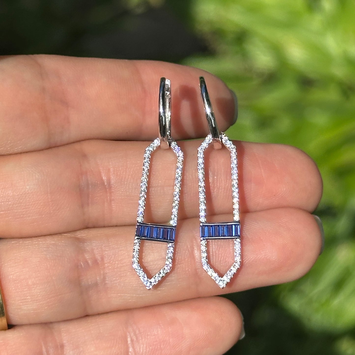 Sterling Silver  Lab-Created Blue Sapphire + White Sapphire Huggie Drop Earrings