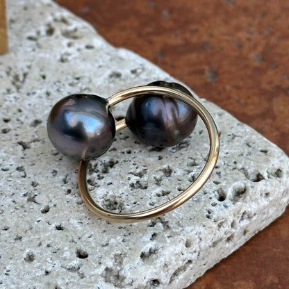 Yellow Gold-Filled Near Round Tahitian Gray Black Pearl Bypass Ring Size 9 - LSJ