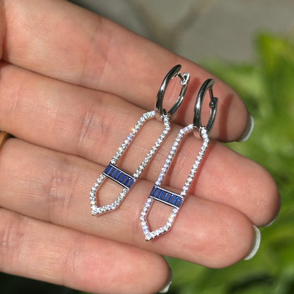 Sterling Silver  Lab-Created Blue Sapphire + White Sapphire Huggie Drop Earrings