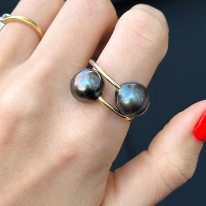 Yellow Gold-Filled Near Round Tahitian Gray Black Pearl Bypass Ring Size 9 - LSJ