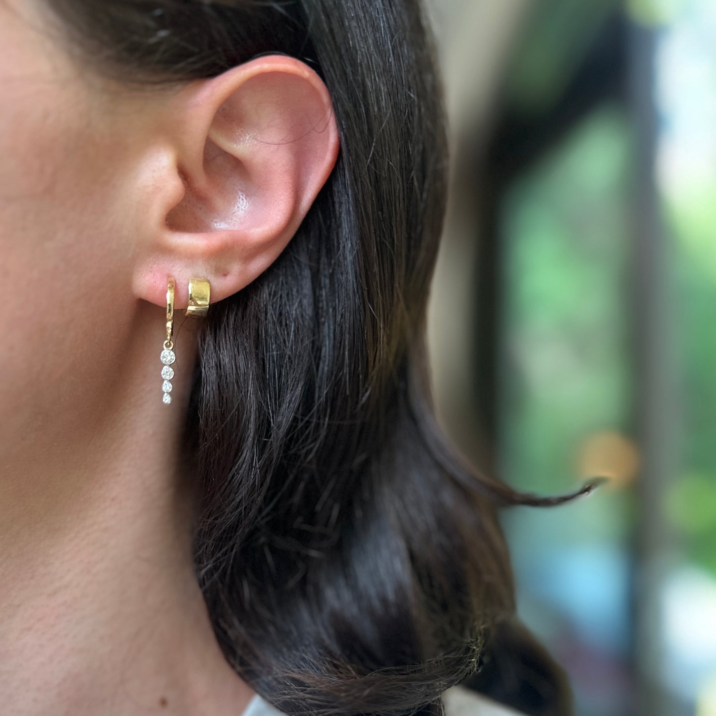 14KT Yellow Gold Round Diamond Huggie Drop Bezel Set Earrings