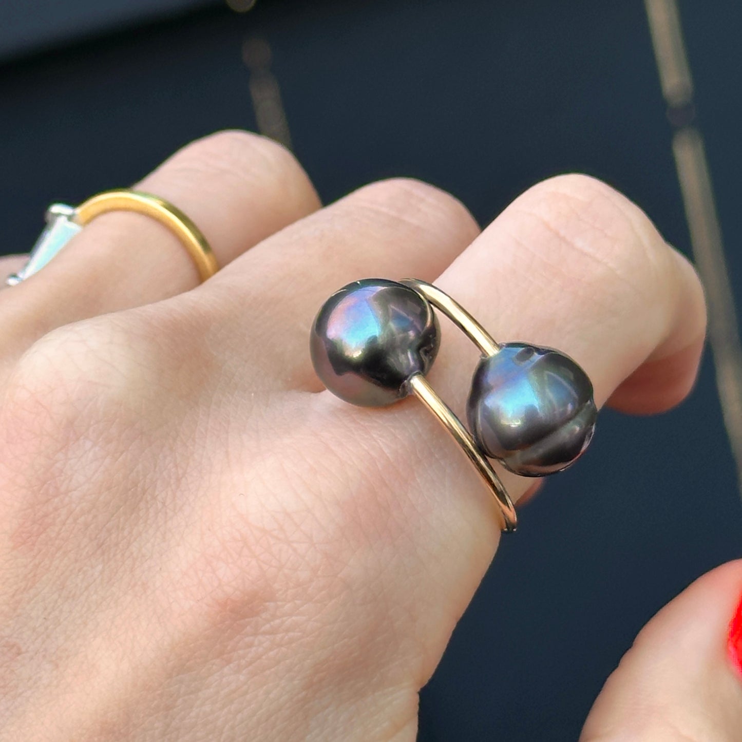Yellow Gold-Filled Near Round Tahitian Gray Black Pearl Bypass Ring Size 9 - LSJ