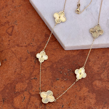 14KT Yellow Gold Ribbed Station 4 Leaf Clover Chain Necklace