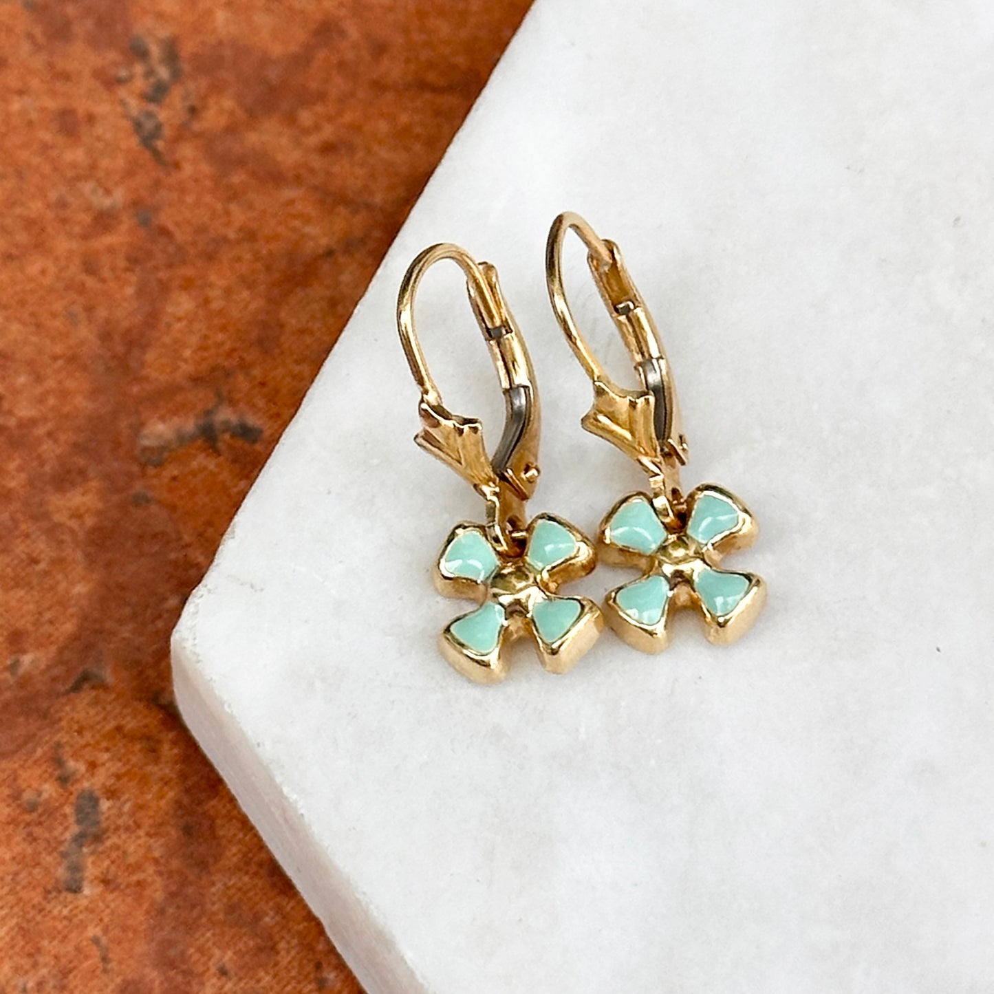 Estate 18KT Yellow Gold Enamel Blue Flower Lever Back Earrings