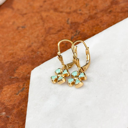 Estate 18KT Yellow Gold Enamel Blue Flower Lever Back Earrings