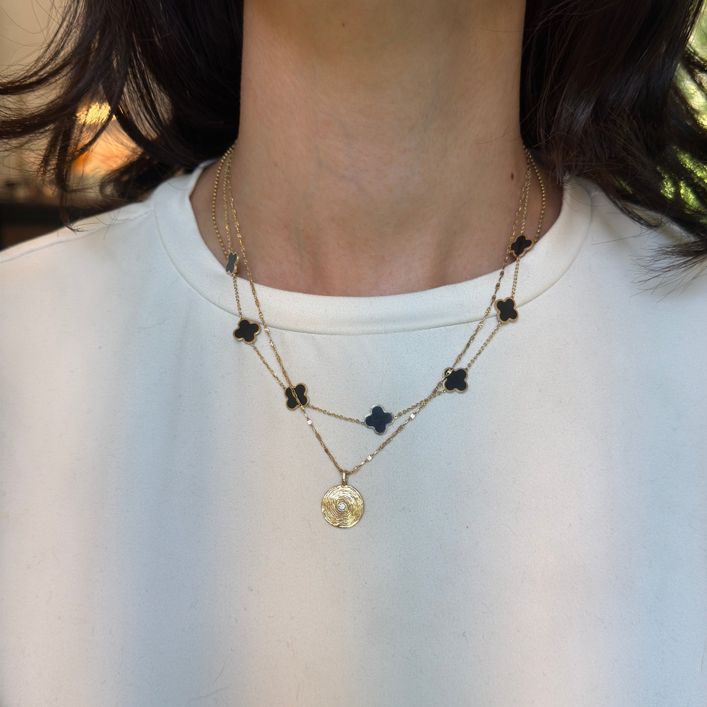 14KT Yellow Gold 10mm Black Onyx Clover Station Cable Chain Necklace