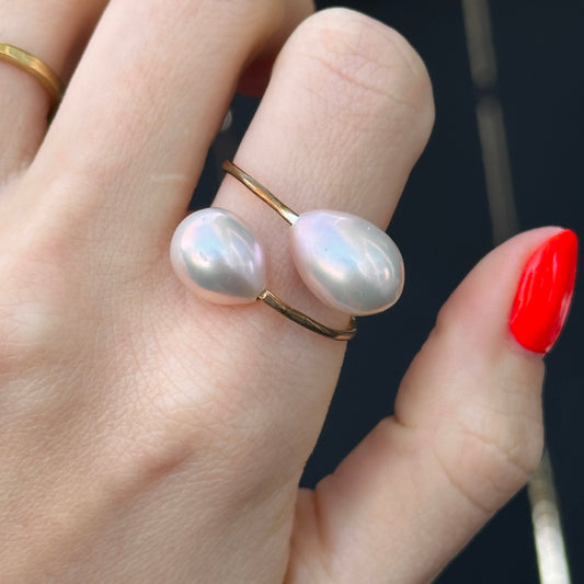 Yellow Gold-Filled Teardrop Tahitian Pearl Bypass Ring