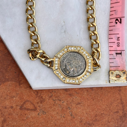 Estate Yellow Gold-Plated Silver Replica French Coin + Stones Necklace - LSJ