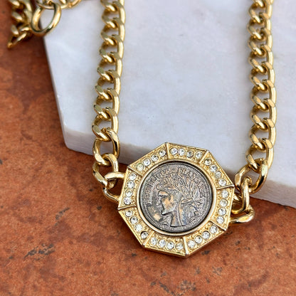 Estate Yellow Gold-Plated Silver Replica French Coin + Stones Necklace - LSJ