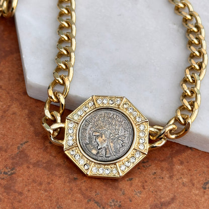 Estate Yellow Gold-Plated Silver Replica French Coin + Stones Necklace - LSJ