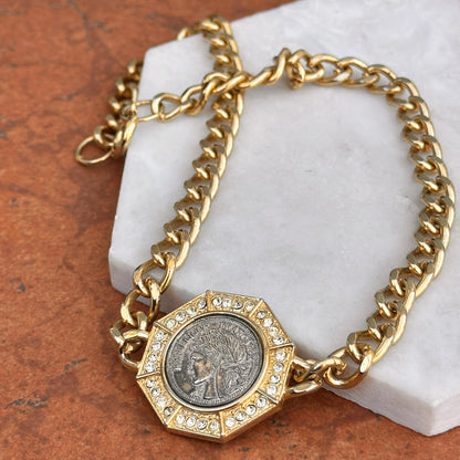 Estate Yellow Gold-Plated Silver Replica French Coin + Stones Necklace - LSJ