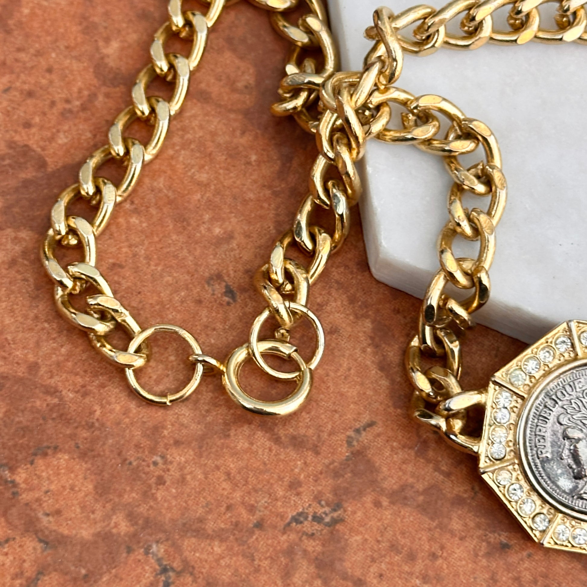 Estate Yellow Gold-Plated Silver Replica French Coin + Stones Necklace - LSJ
