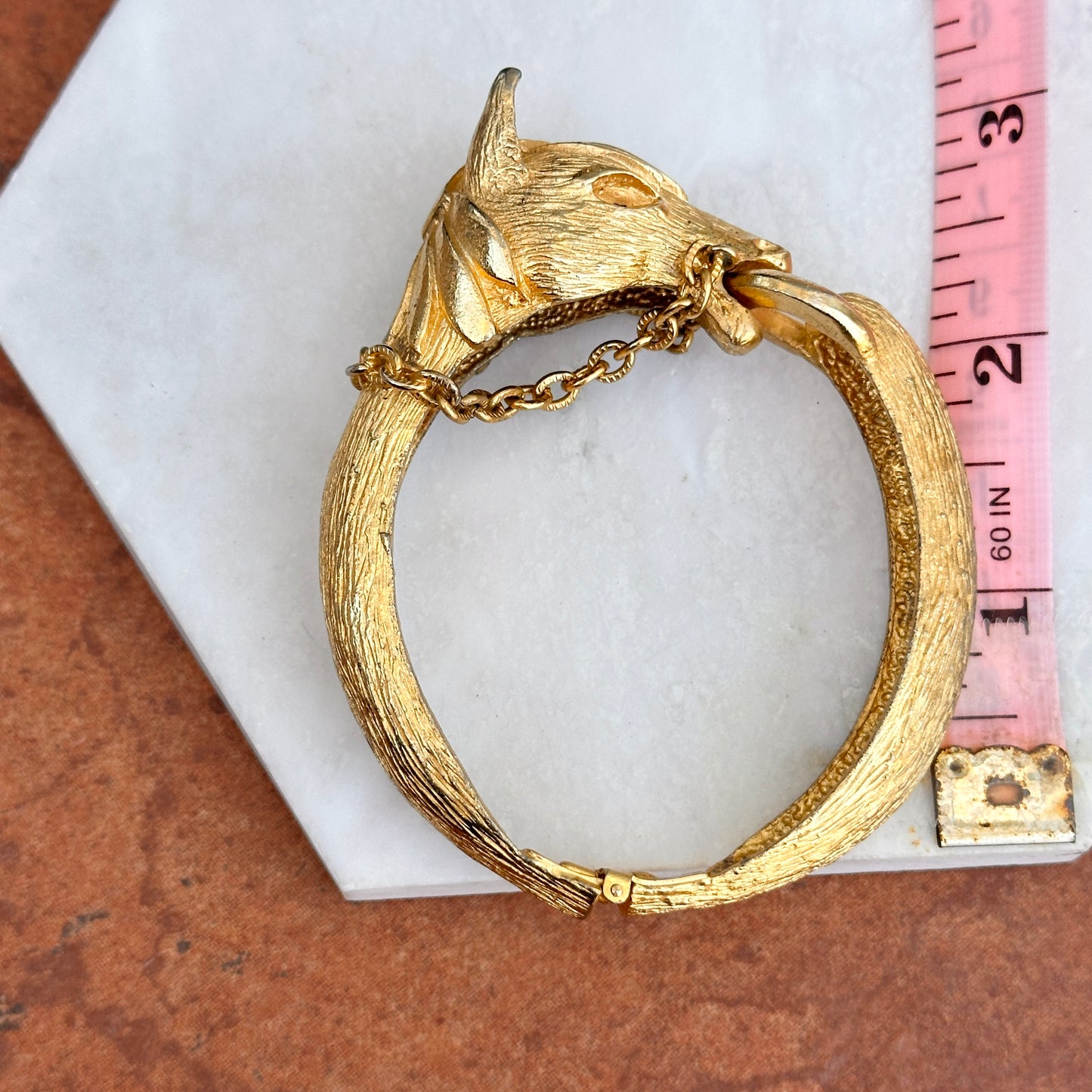 Estate Yellow Gold Tone Horse Head + Reins Bangle Bracelet - LSJ