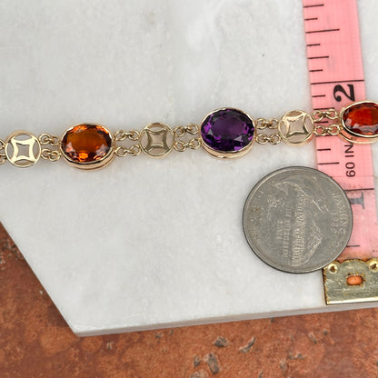 Estate 14KT Yellow Gold Bezel Amethyst + Citrine Chain Bracelet