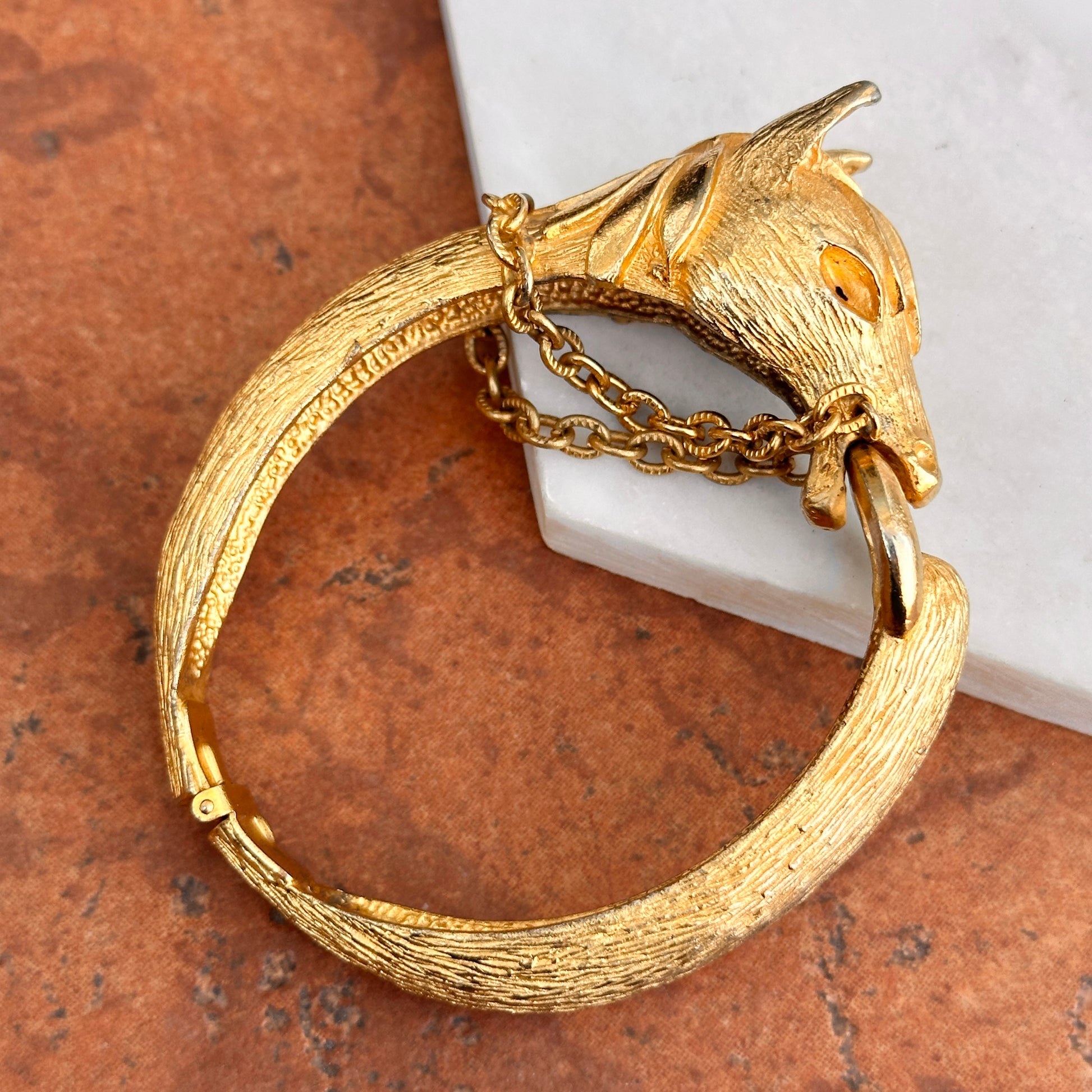 Estate Yellow Gold Tone Horse Head + Reins Bangle Bracelet - LSJ
