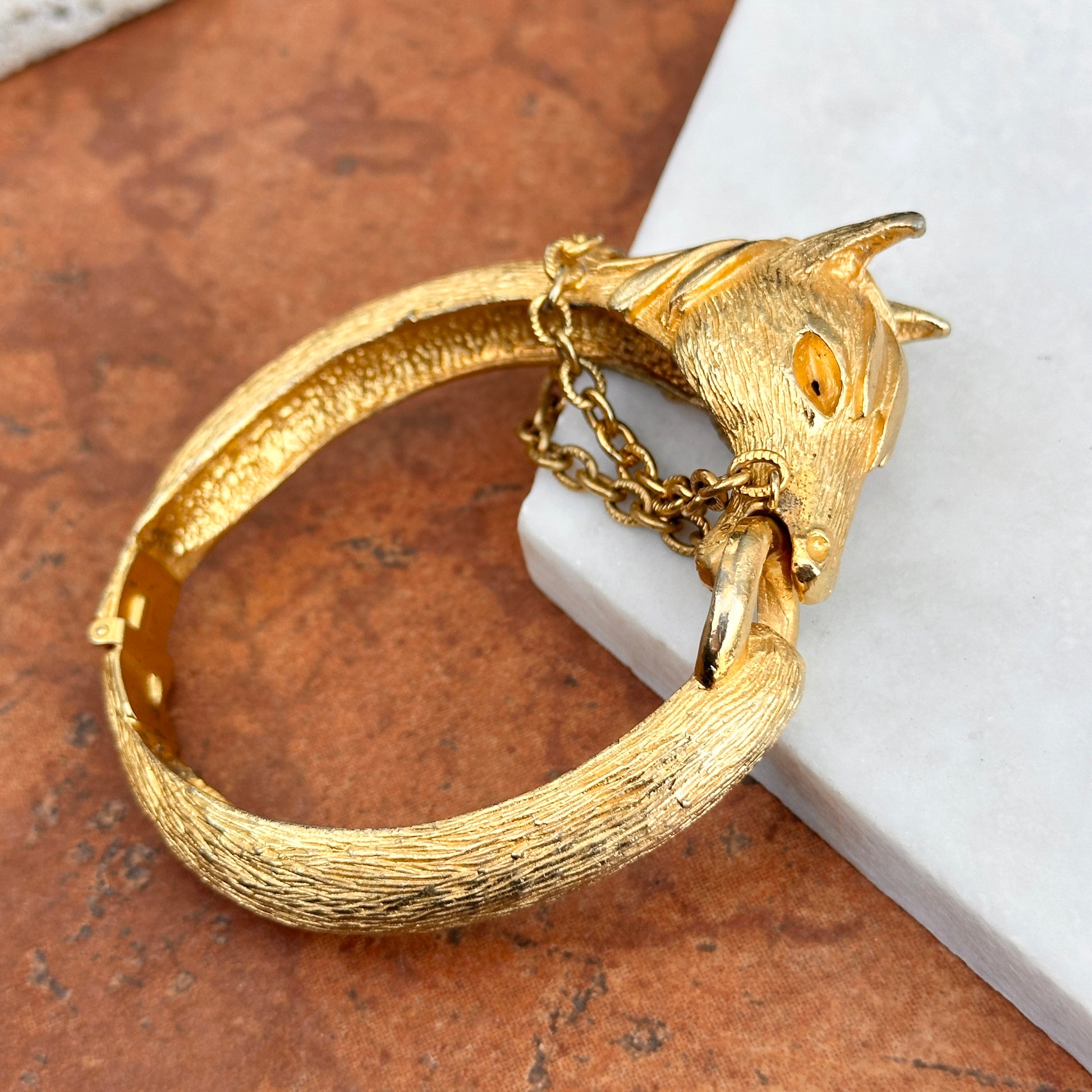 Estate Yellow Gold Tone Horse Head + Reins Bangle Bracelet - LSJ