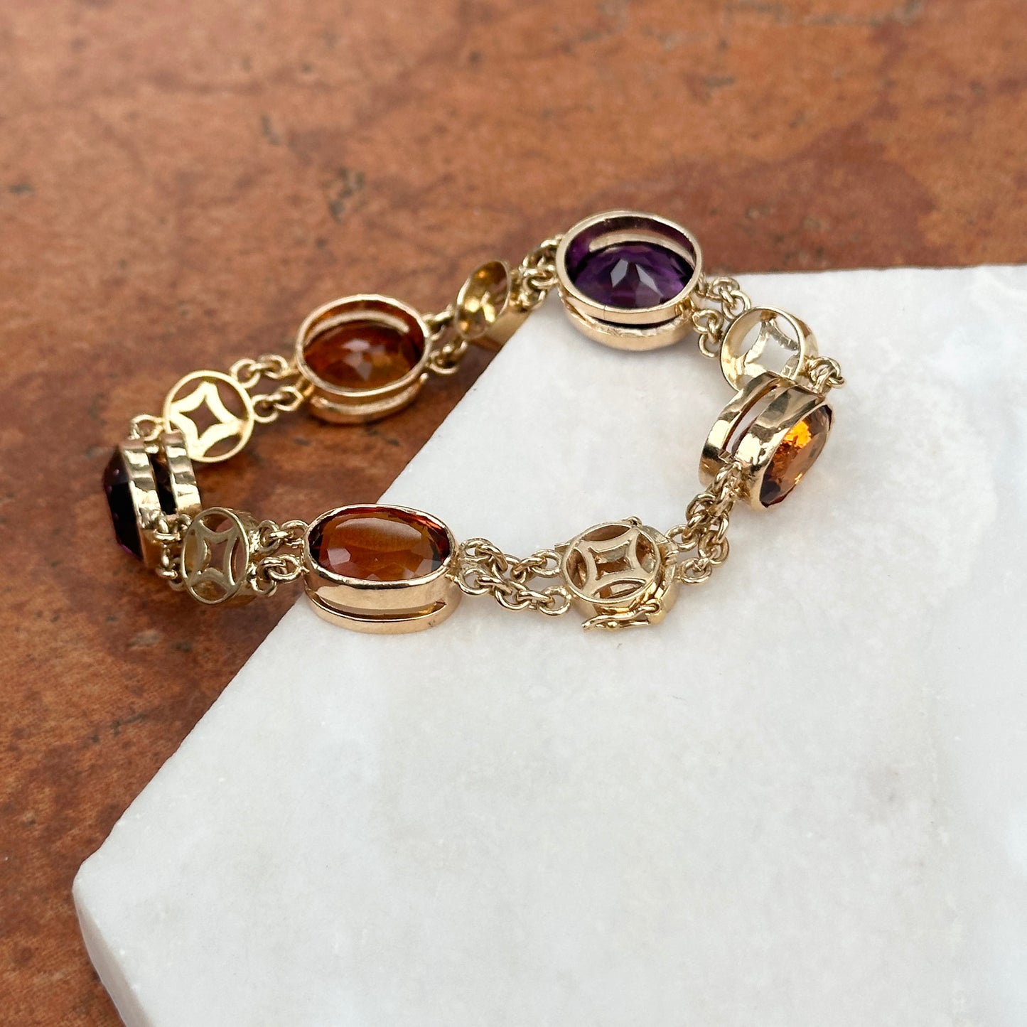 Estate 14KT Yellow Gold Bezel Amethyst + Citrine Chain Bracelet
