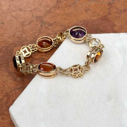 Estate 14KT Yellow Gold Bezel Amethyst + Citrine Chain Bracelet