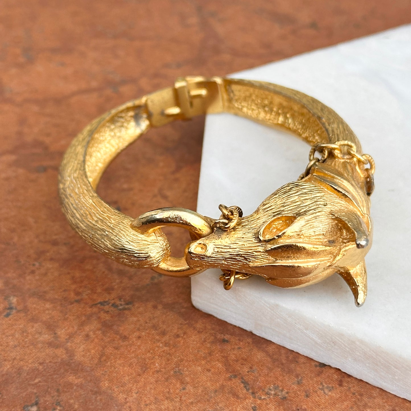 Estate Yellow Gold Tone Horse Head + Reins Bangle Bracelet - LSJ