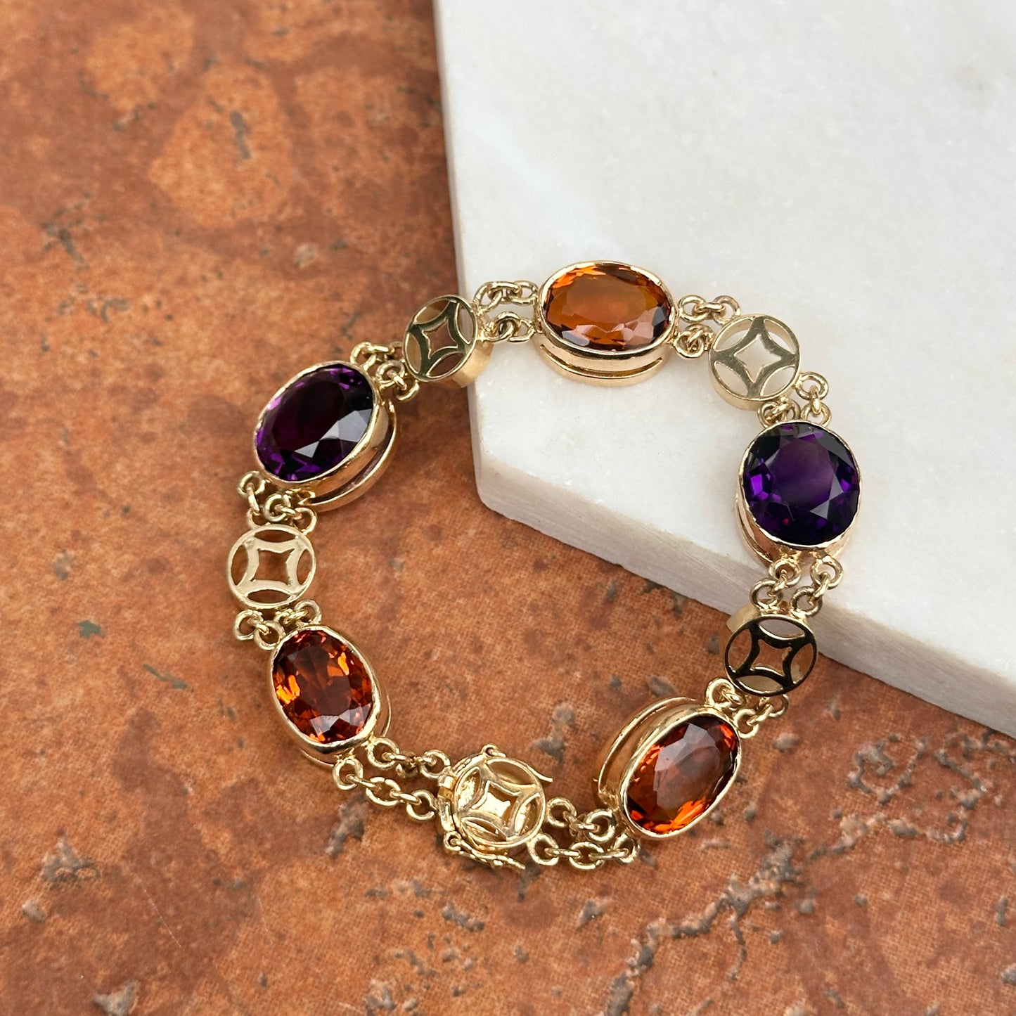 Estate 14KT Yellow Gold Bezel Amethyst + Citrine Chain Bracelet