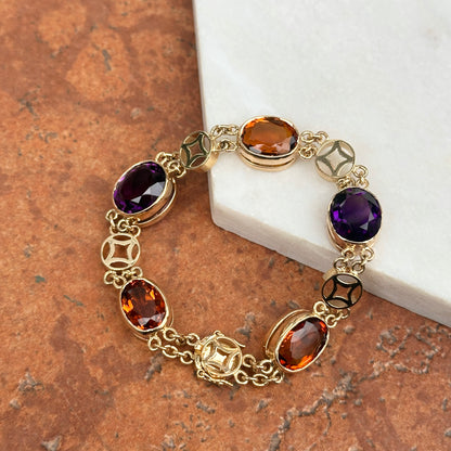 Estate 14KT Yellow Gold Bezel Amethyst + Citrine Chain Bracelet