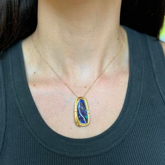 Estate 18KT Yellow Gold Large Boulder Opal + Diamond Pendant Pin - LSJ