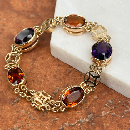 Estate 14KT Yellow Gold Bezel Amethyst + Citrine Chain Bracelet