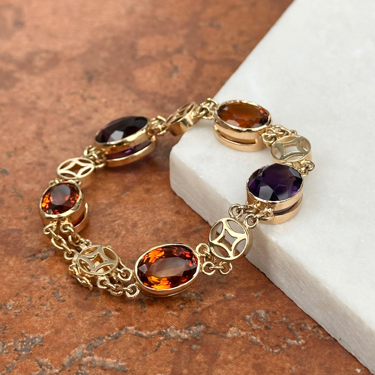 Estate 14KT Yellow Gold Bezel Amethyst + Citrine Chain Bracelet