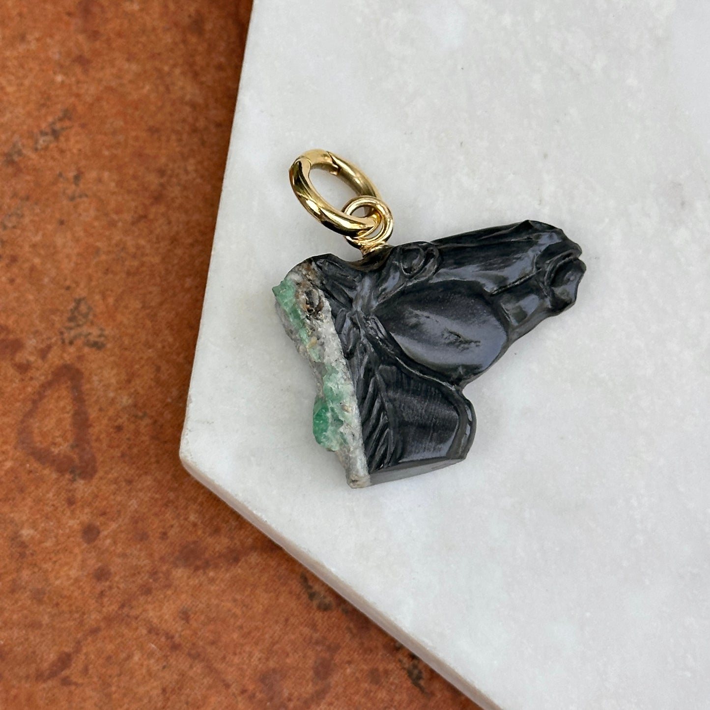 14KT Yellow Gold Carved Emerald Horse Head Pendant