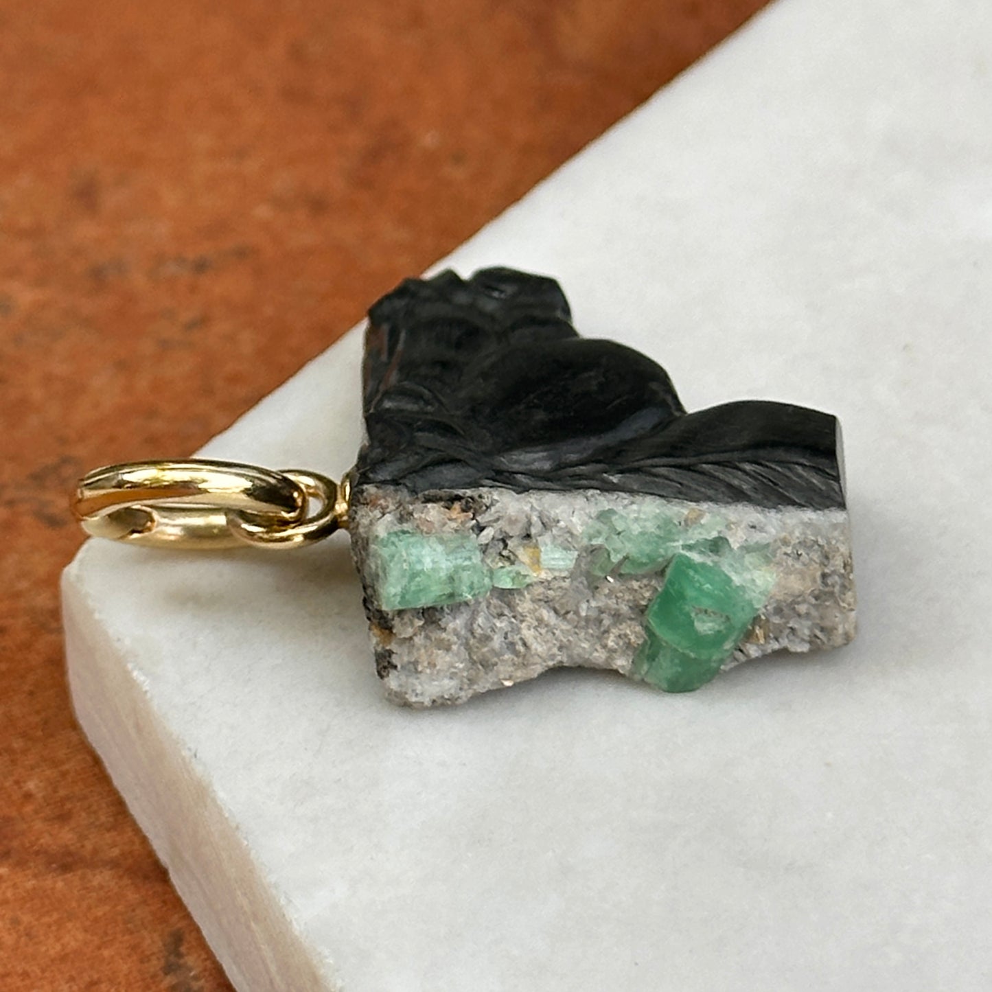 14KT Yellow Gold Carved Emerald Horse Head Pendant