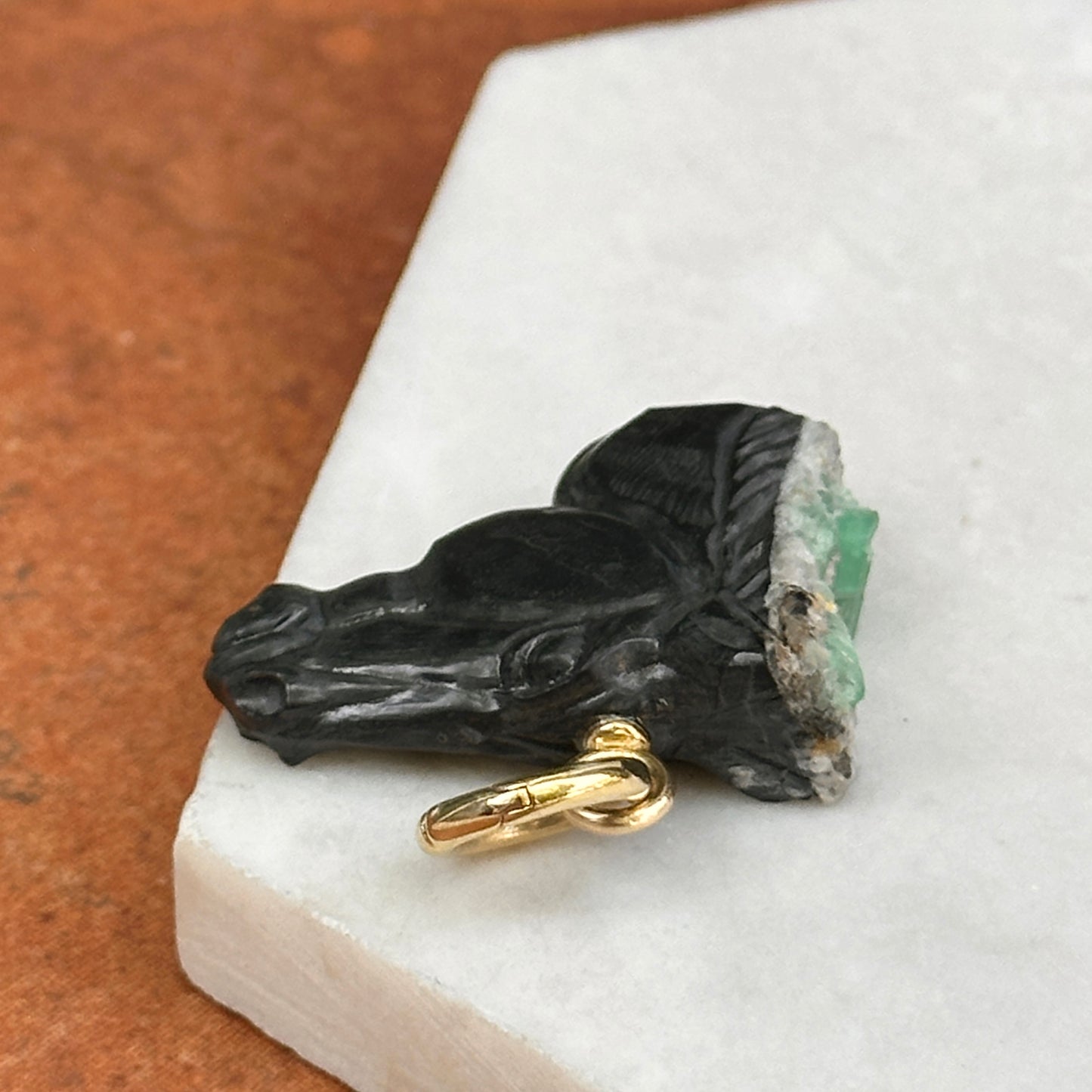 14KT Yellow Gold Carved Emerald Horse Head Pendant