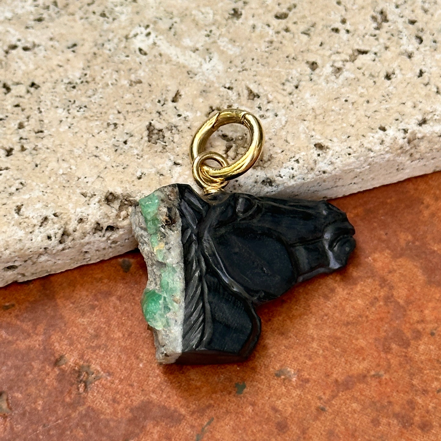 14KT Yellow Gold Carved Emerald Horse Head Pendant