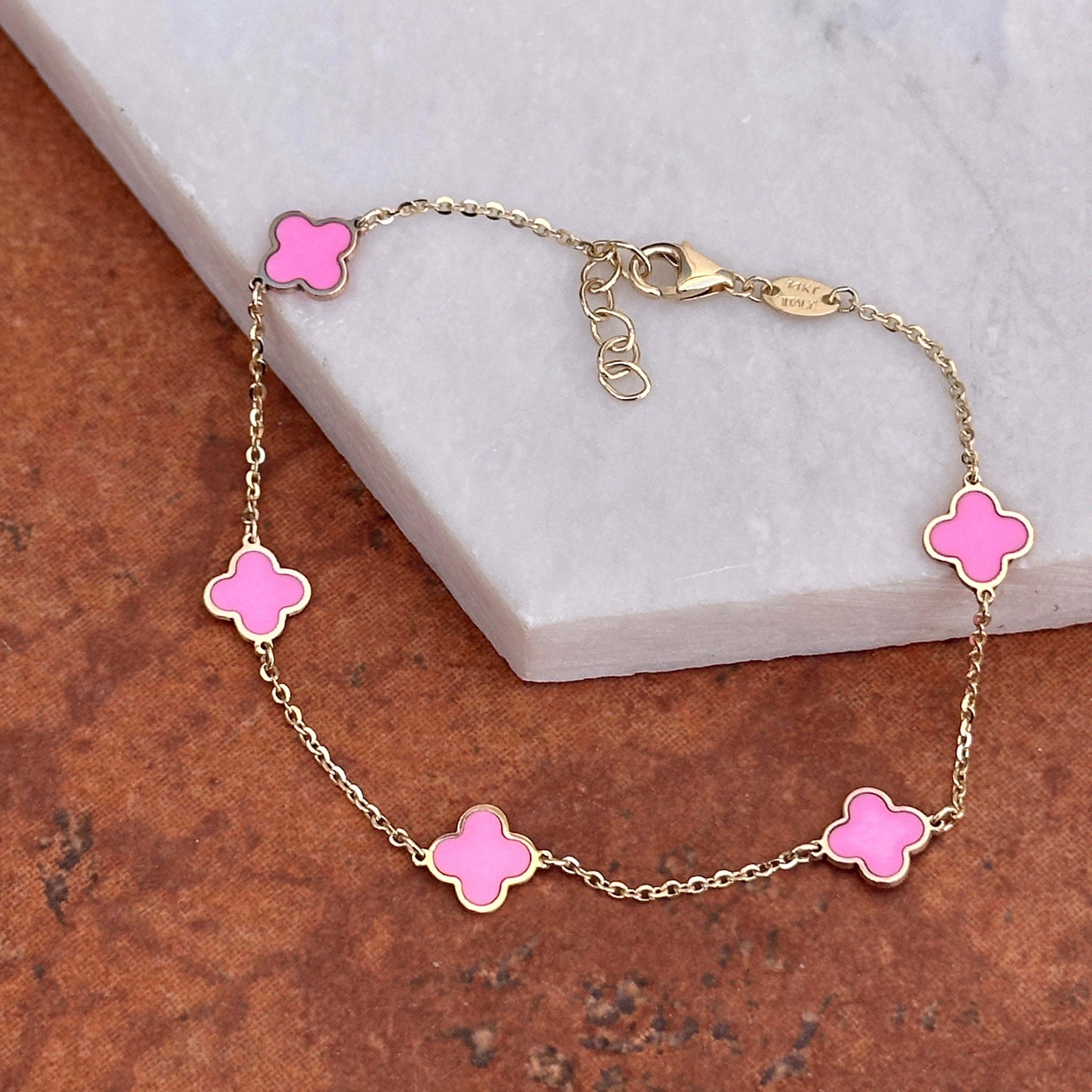 14KT Yellow Gold Pink Enamel 7mm Clover Station Bracelet