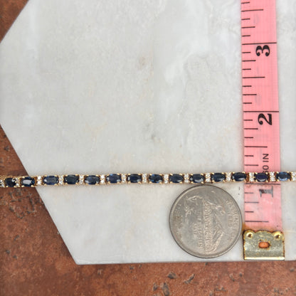 Estate 14KT Yellow Gold Oval Blue Sapphire + Diamond Tennis Bracelet