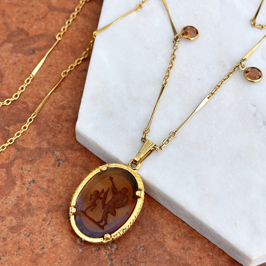 Estate Gold Tone Cameo Intalio Amber Color Venetian Glass Venus/Cupid Necklace 24” - LSJ