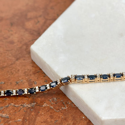 Estate 14KT Yellow Gold Oval Blue Sapphire + Diamond Tennis Bracelet
