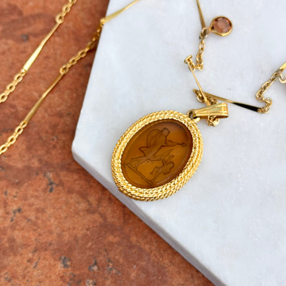 Estate Gold Tone Cameo Intalio Amber Color Venetian Glass Venus/Cupid Necklace 24” - LSJ