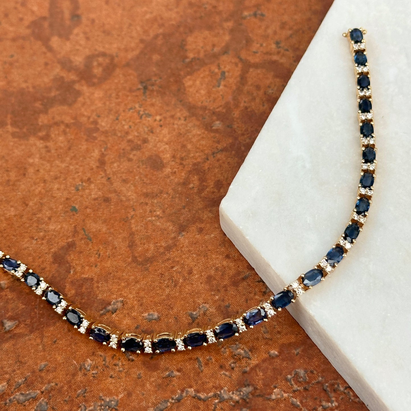 Estate 14KT Yellow Gold Oval Blue Sapphire + Diamond Tennis Bracelet