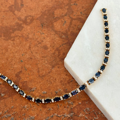 Estate 14KT Yellow Gold Oval Blue Sapphire + Diamond Tennis Bracelet