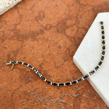 Estate 14KT Yellow Gold Oval Blue Sapphire + Diamond Tennis Bracelet