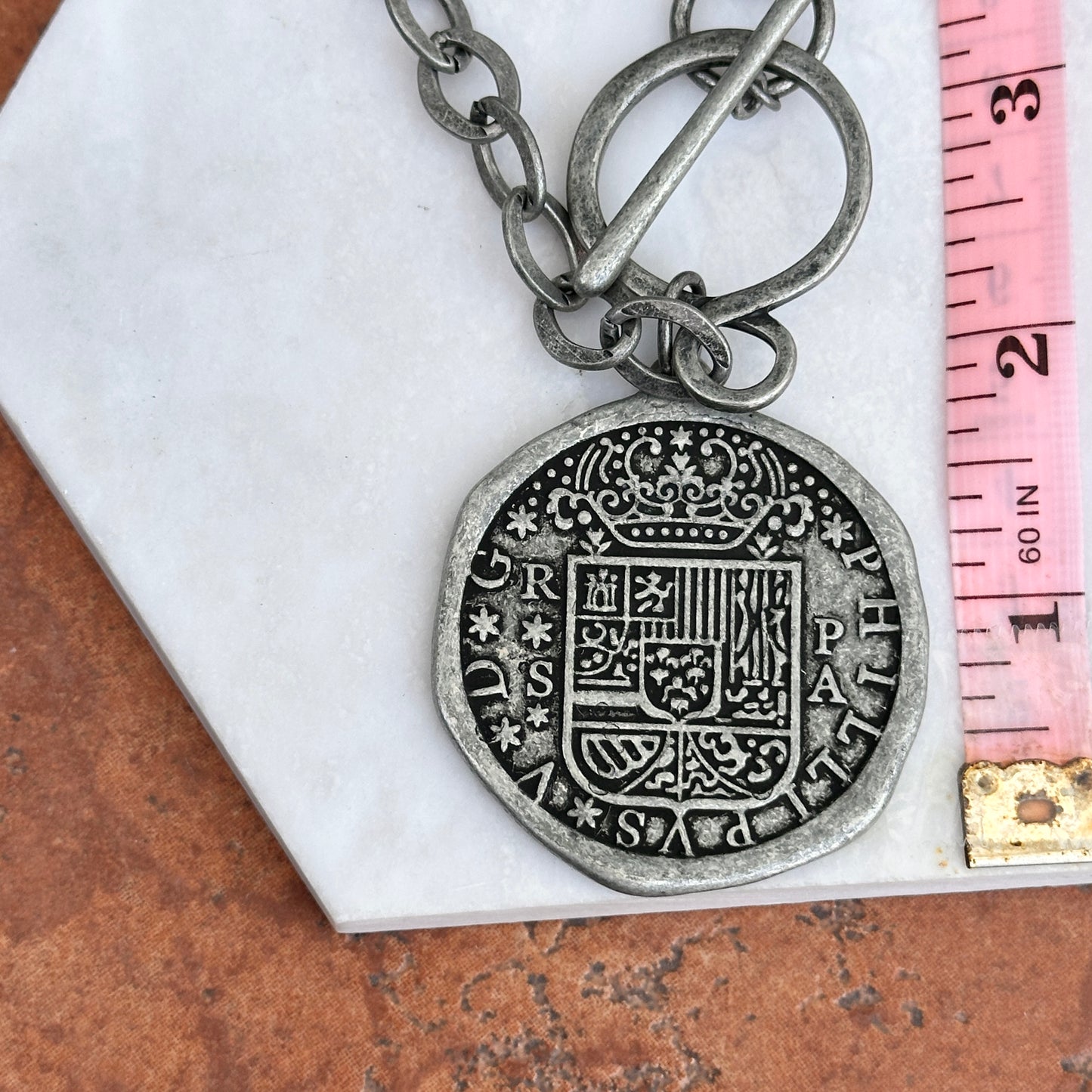 Estate Silver Pewter Tone Reversible Replica Coin Toggle Necklace