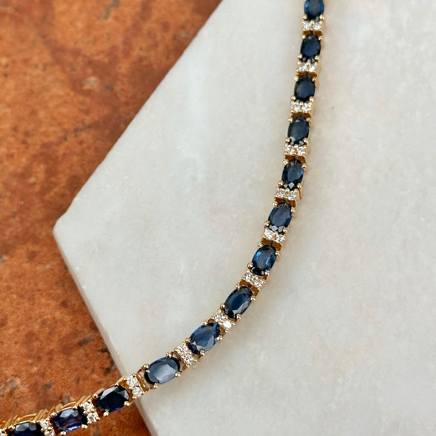 Estate 14KT Yellow Gold Oval Blue Sapphire + Diamond Tennis Bracelet