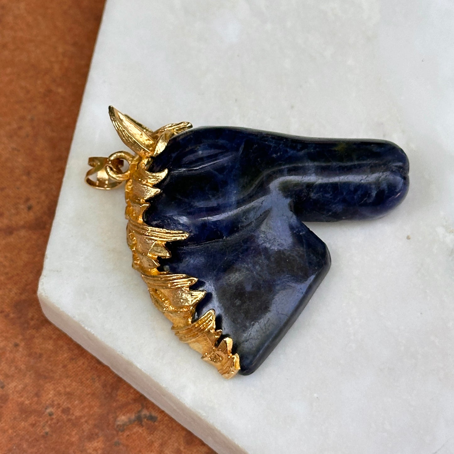 Estate Gold-Tone Carved Sodalite Horse Head Pendant