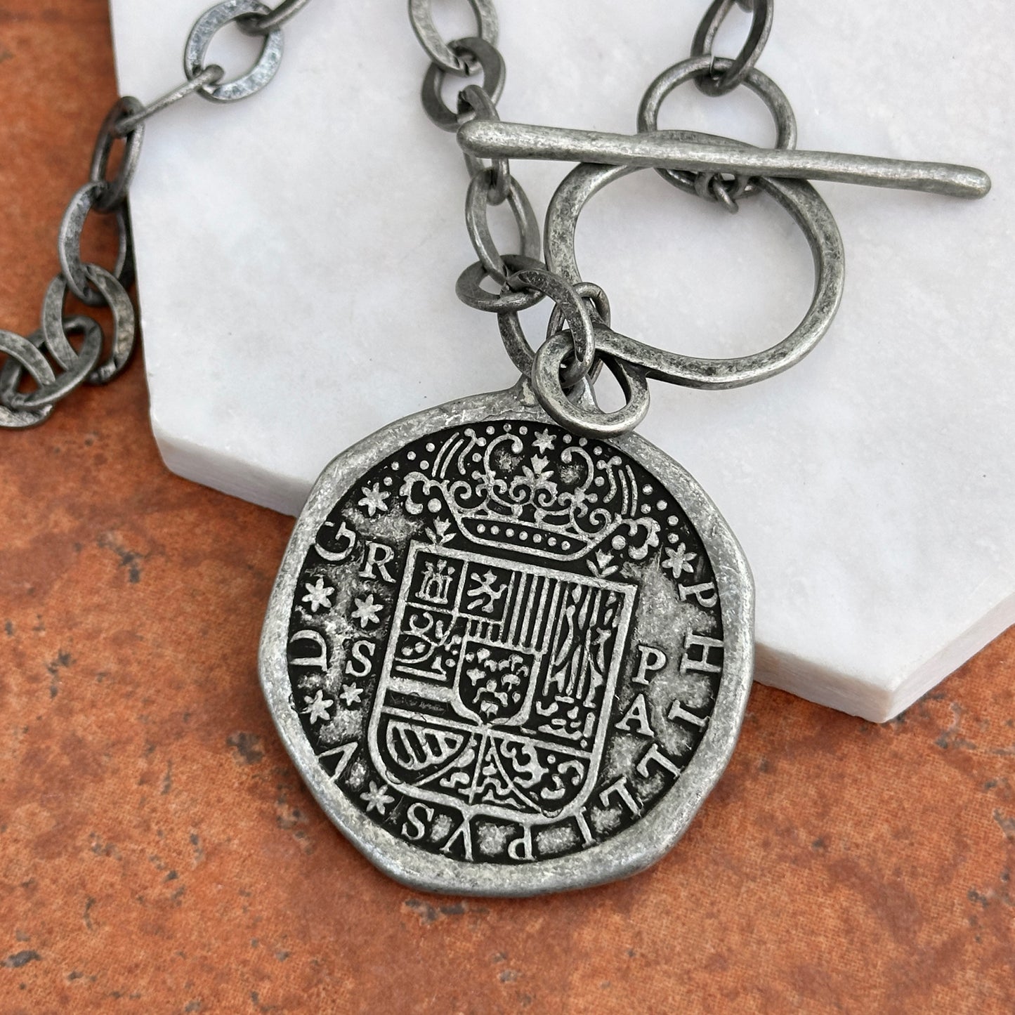 Estate Silver Pewter Tone Reversible Replica Coin Toggle Necklace