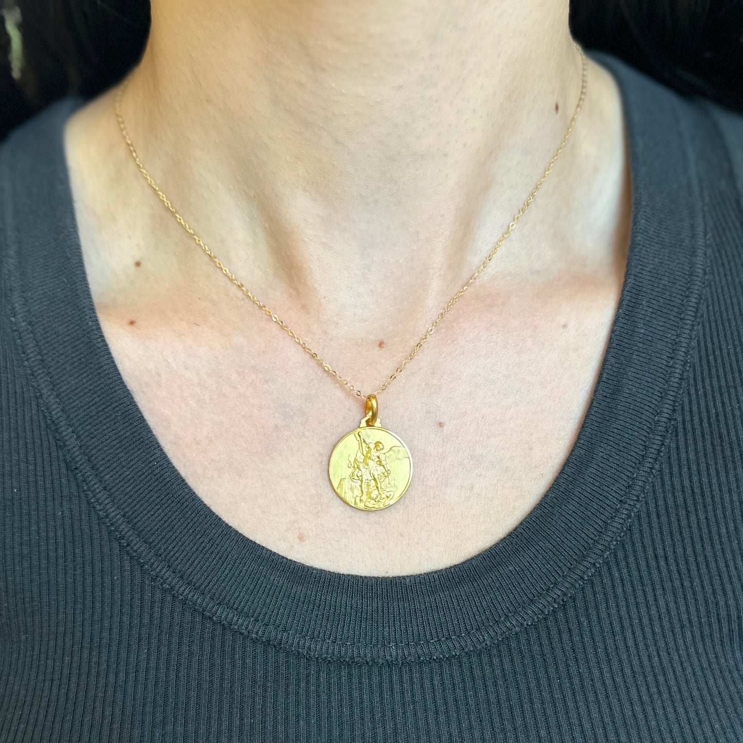 14KT Yellow Gold Matte St Michael Round Medal Pendant 21mm