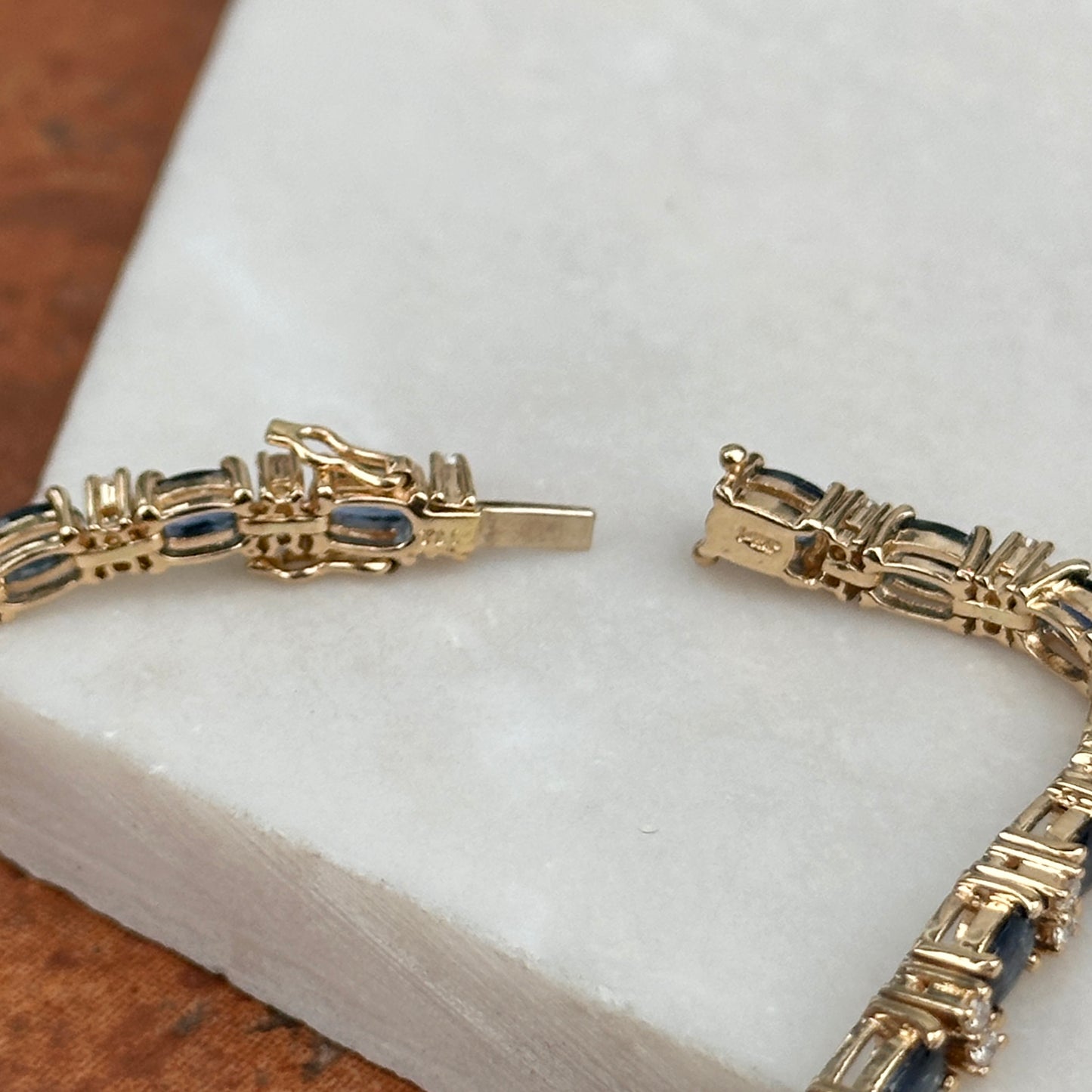 Estate 14KT Yellow Gold Oval Blue Sapphire + Diamond Tennis Bracelet